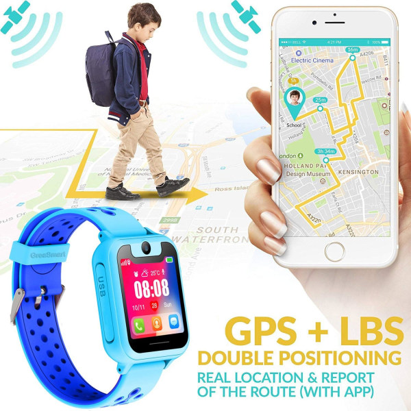 Smartwatch-telefon för barn med GPS-spårare - Pojkar och flickor GPS LBS-positionsklockor med kameraspel