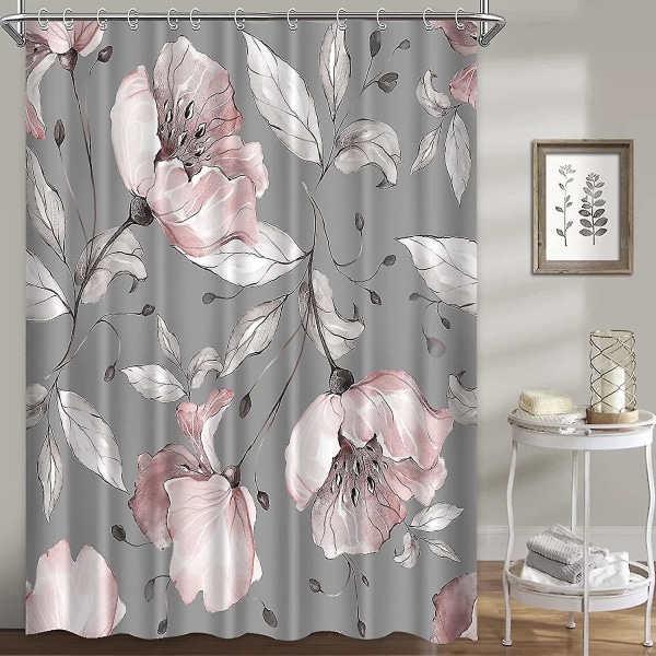 Pink Grå Rose Blomster Bruseforhæng Sæt - Blomsterdesign, Blå Baggrund, Stof Vandtæt Og Vaskbar Grey 72*78