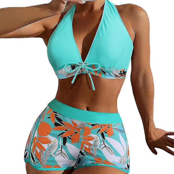 Dambikini med Halterneck Push Up BH, Baddräkt med Shorts, Tvådelad Baddräkt, Sommarstrandkläder, Badkläder Dark Green 2XL