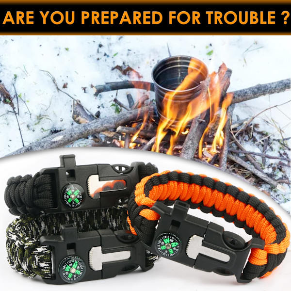 Armband (3-pack), Överlevnadsarmband, Camping Vandring, Multiverktyg, Eldstarter, Kompass och Visselpipa