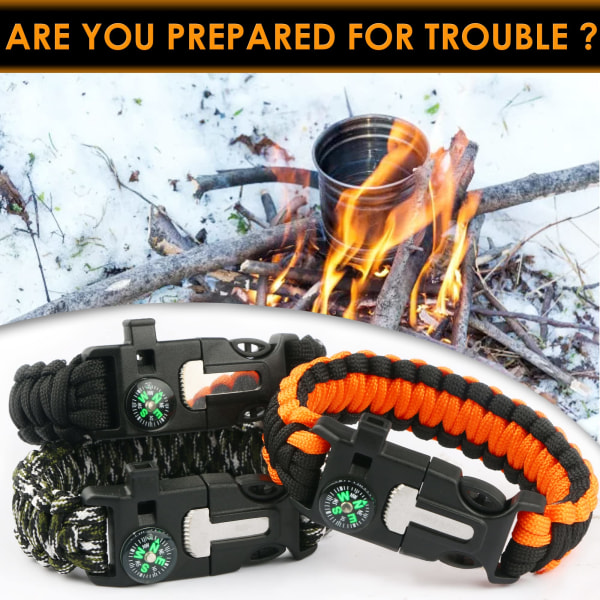 Armbånd (3-pakning), overlevelsesarmbånd, campingvandring, multiverktøy, brannstarter, kompass og fløyte
