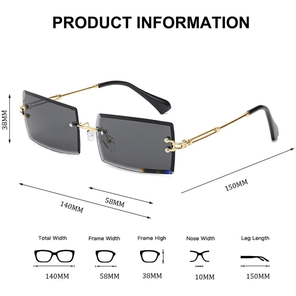 Kantløse rektangelsolbriller for kvinner/menn Ultralett metallinnfatning.Grå