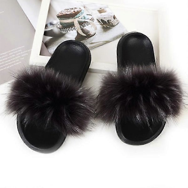 Dame Faux Fur Slippers Dame Slippers Fuzzy Sandaler Flip Flop Pelsede Slippers Bløde Flade Til Indendørs Udendørs 10 SIZE 42-43