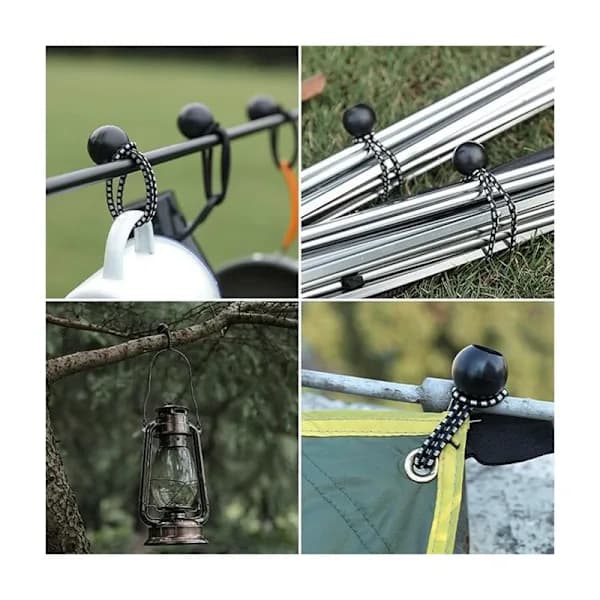 Indeholder 30 elastiksnore med kugler og 3,5 mm tykke elastiske presenningsstropper, velegnet til bannere, pavilloner, telte og camping.