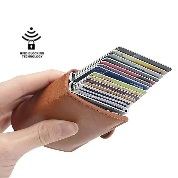 Korthållare för Vuxna Dubbel Plånbok Anti-Stöld RFID-NFC Säker POP UP Korthållare Presenter Brown