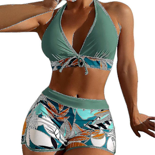 Dambikini med Halterneck Push Up BH, Baddräkt med Shorts, Tvådelad Baddräkt, Sommarstrandkläder, Badkläder Dark Green XL