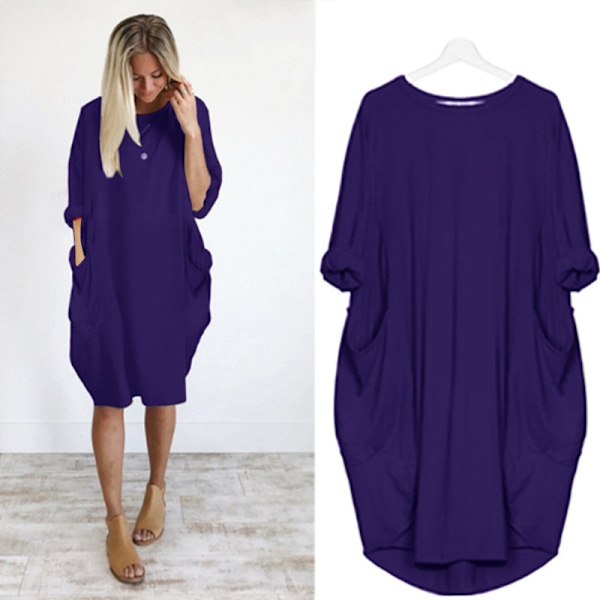 Afslappet løs lomme langærmet plus size kjole til kvinder Purple 4XL
