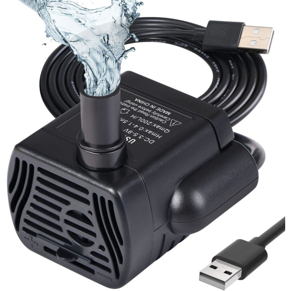 Neddykbar Vannpumpe, 200L / H 3W Ultra-Stille Catit USB Pumpe for Dam, Akvarium, Fontene, Fisketank 1,4m Kabel