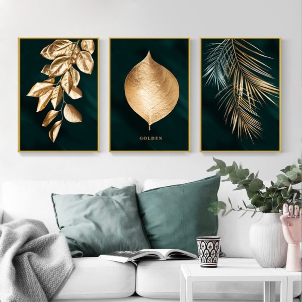 3 st Väggdekor Vardagsrum Sovrum Modern Väggkonst Present Bild Guld Blad Ramlös 40*60cm