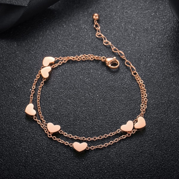 Rosegold Herzen Damen Armband Layered Armband mit Herz Anhängern Doppelt Kette Armband for Frauen Armkette Edelstahl Armbånd fra Titan