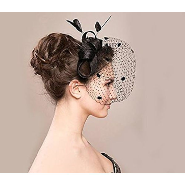 Elegant sløyfe- og fjær-bryllups-cocktail-fest-slør Fascinator hårklipp hatt nett (svart)