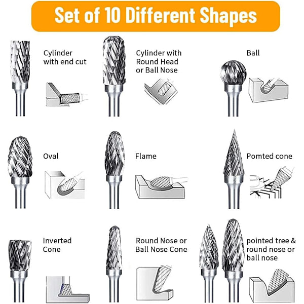 10-delad uppsättning dubbla skärtungstenkarbidfräsar 1/8” Rotationsfrässet 6 mm skärhuvud