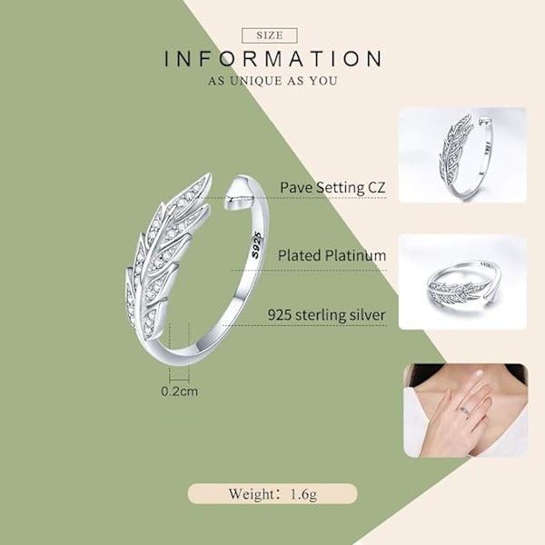 925 Sterling Silver Justerbar Ring Fjädervingar Ring för Flickor Fjäderring för Kvinnor Öppen Finger Ring Present med Smyckeskrin