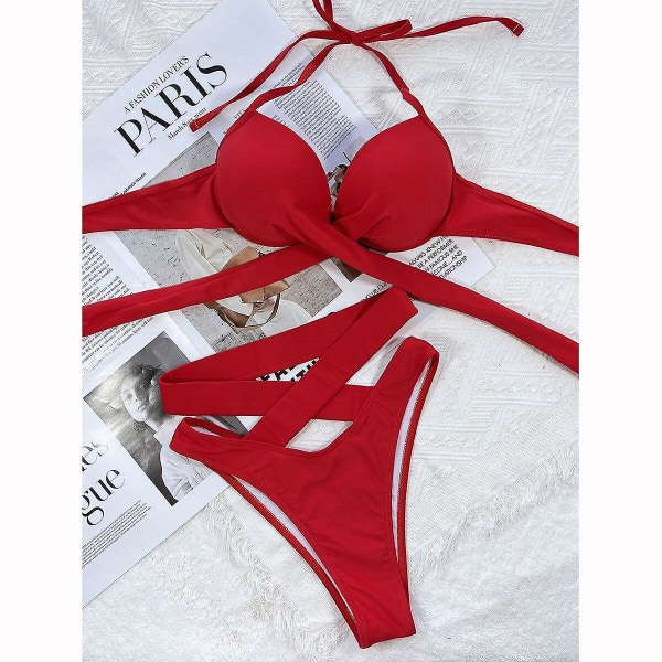 Push Up Bikini för Kvinnor Sexig Bikini Bandage Bikini Set Hög Midja Brasiliansk Biquini Kors Simdräkt Strandkläder Baddräkt Blue M