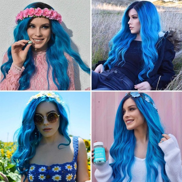 Blå parykker for kvinner Langt blå krøllete bølget hår parykk Naturlig søt pastell fargerik parykk med pustende parykkhette