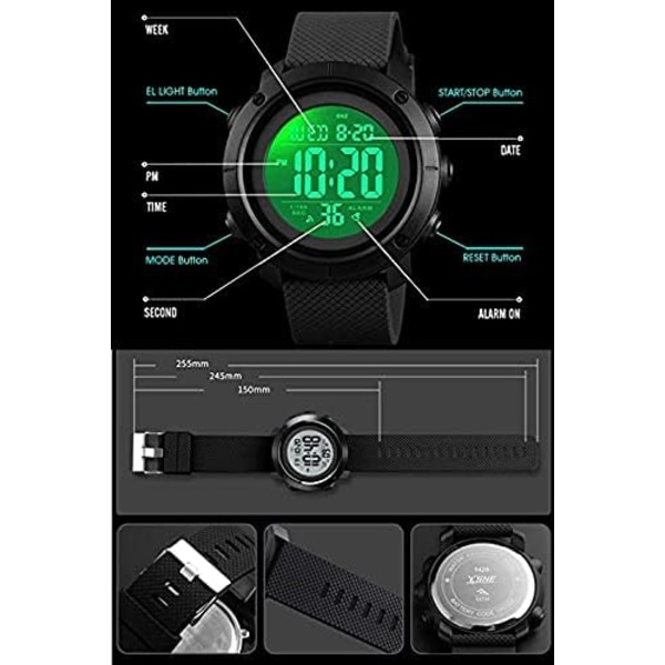 Mænds Sportsure Digital LED Skærm Stor Urtav Baggrundsbelysning Militær Vandafvisende Sort Ur Fødselsdagsgave