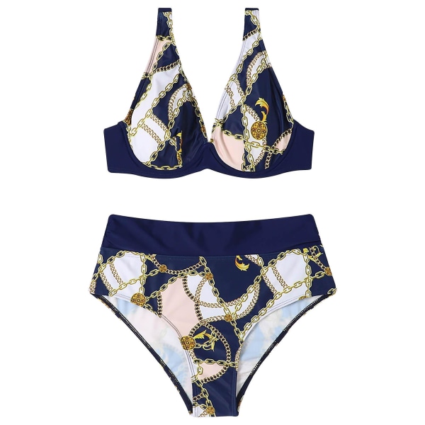 Badedrakt for kvinner Høy midje Bikini Sommer Kvinner Split Trykket Sexy Høy Midje Åpen Rygg Bikini Badetøy Tankini Badetøy for Kvinner Blue XXL