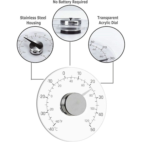 Inomhus- och utomhusfönstertermometer, inget batteri behövs, tydlig urtavla, vädertermometer