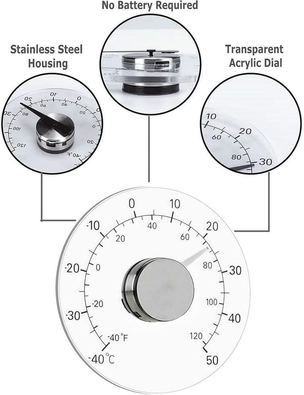 Termometer för inomhus- och utomhusbruk, inget batteri krävs, tydlig urtavla, vädertermometer