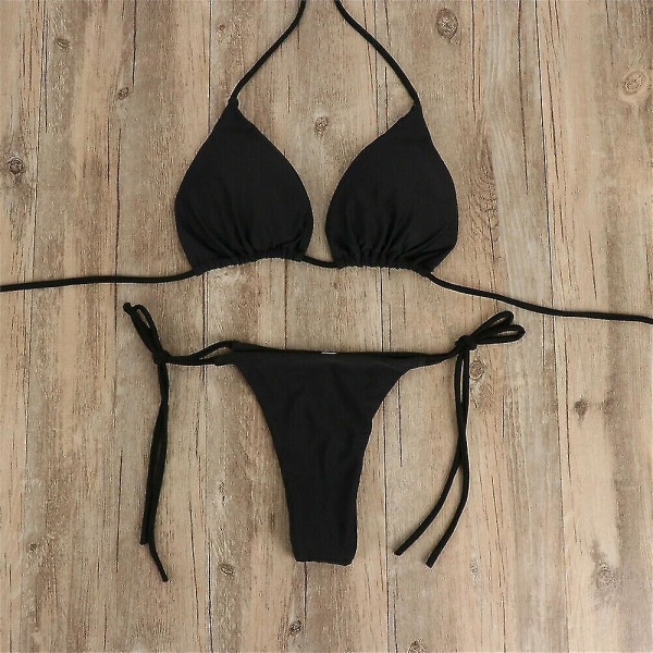Kvinnors ultratunna elastiska trosa bikini set sidoband sexig enfärgad baddräkt bandage stil brasiliansk badkläder Black L