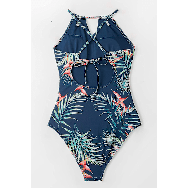Dam badkläder i ett stycke med hög hals, strandkläder, rynkad magkontroll, baddräkt Blue Leaf M