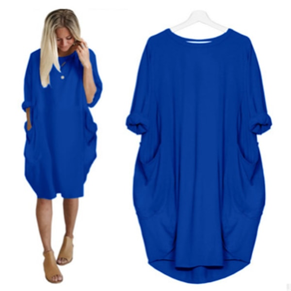 Afslappet løs lomme langærmet plus size kjole til kvinder blue 4XL