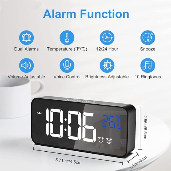 Digital väckarklocka, LED digital klocka Digital väckarklocka Temperatur/Snooze/2 larm/12/24 timmar/ USB laddningsport/10 musik
