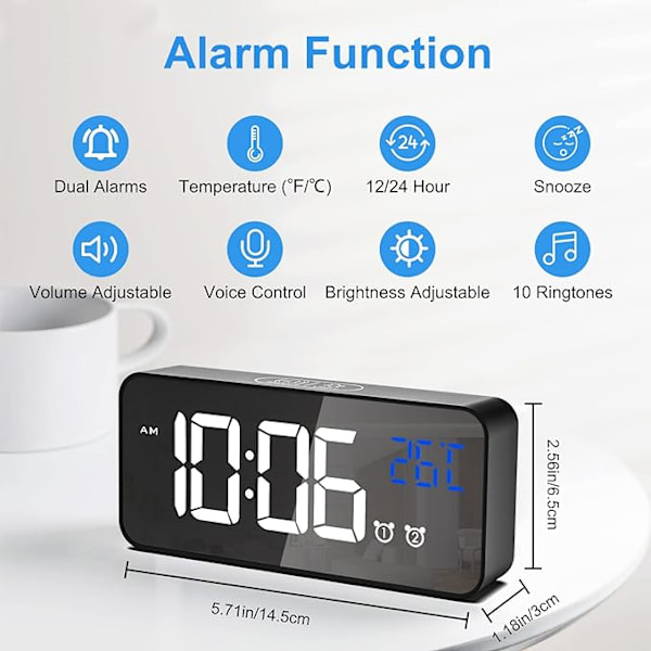 Digital väckarklocka, LED digitalklocka digital väckarklocka temperatur/snooze/2 larm/12/24 timmar/USB-laddningsport/10 musik