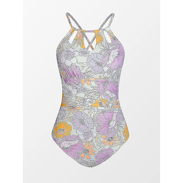 Dam badkläder i ett stycke med hög hals, strandkläder, rynkad magkontroll, baddräkt Lavender M