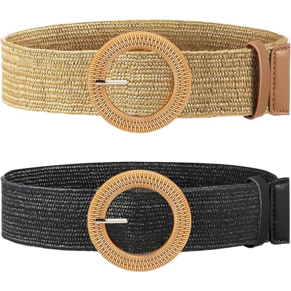 Damflätad halmrem med träliknande spänne Elastisk smal klänningsmidjerem 2-pack