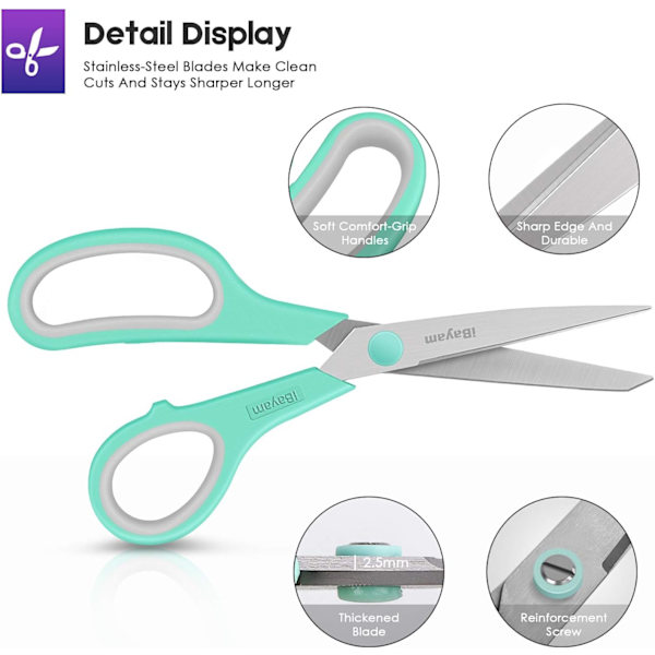 Saks 8\" All Purpose Bulk 3-pak, Ultraskarpe Sakse til Kontor Skole Håndværk 3-Pack | Color: Mint, Grey, Purple