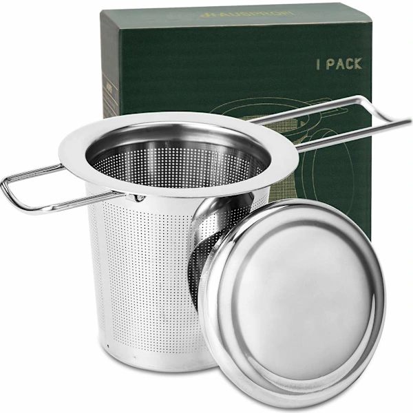 1 tefilter, 304 rustfrit stål, med låg og foldbart håndtag