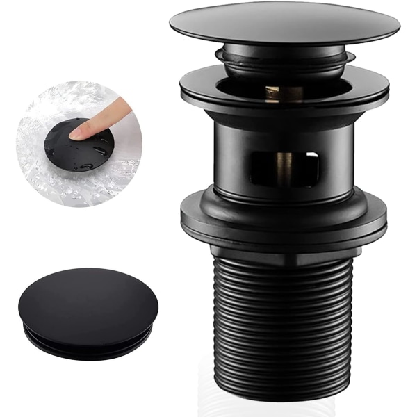 Diskbänksavlopp med bräddavlopp, pop-up ventil diskbänksavlopp, svart handfat avlopp för badrum, Universal handfatavlopp (svart)