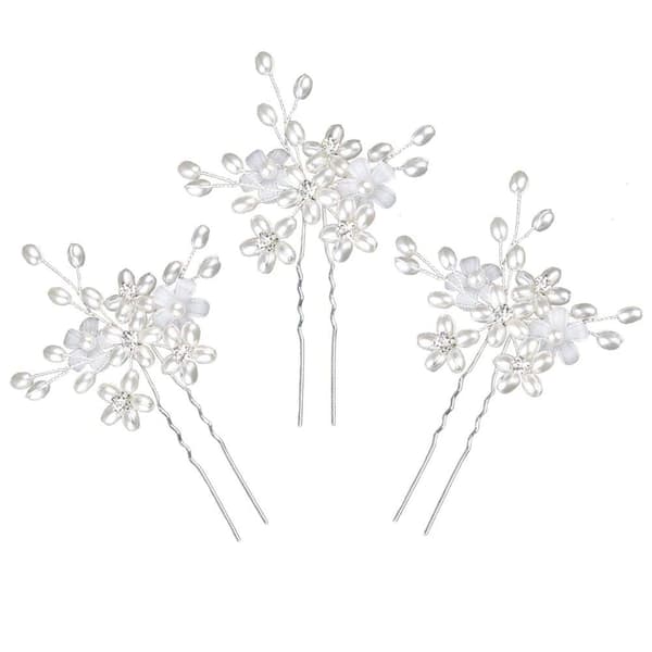 Bryllupshårnåle (3 stk.) - Elegante perleblomster krystalhårpynt til brude kvinder (sølv)