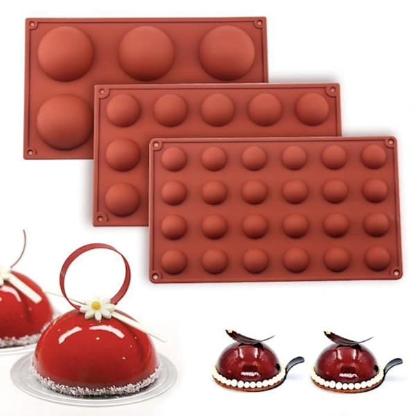 3-pak forme, sfæriske/halvkugleformede, isterning-/chokolade-/geléforme, brun