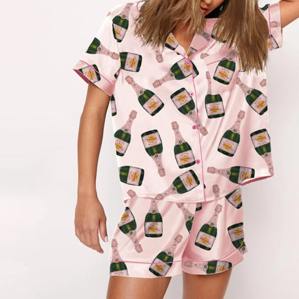 Champagneflaskor Pyjamas Set Dam Tryckt Kortärmad Mjuk Lös Casual Sovkläder Pink L
