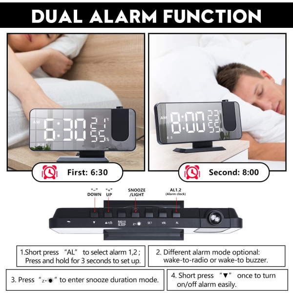 Projektorvekkerklokke med FM-radio, LED-digitalklokke med 180° projeksjonsdisplay med USB-ladeplasser (svart)