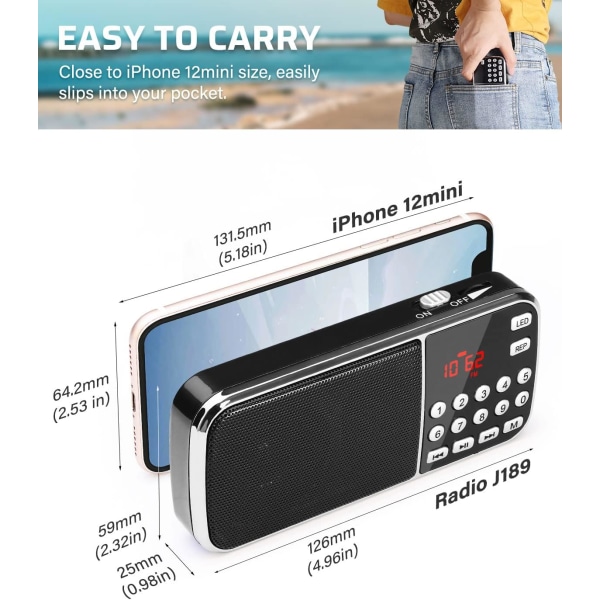 Liten radio med Bluetooth, bärbar radio med kraftiga bashögtalare, digitalradio med laddningsbart batteri, LED-ficklampa