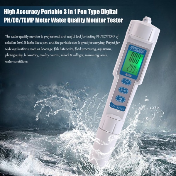 3-i-1 digital PH EC-mätare och termometer 0,01 PH vattenkvalitetstestare med hög precision för dricksvatten, simbassänger och akvarier