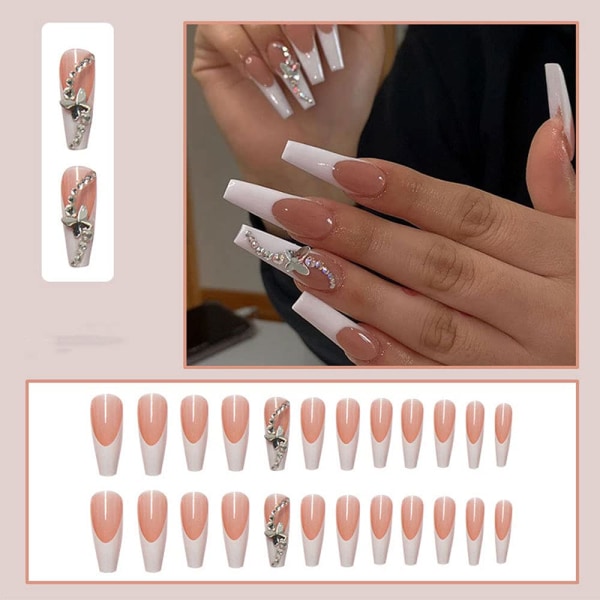 French luxury fake nails, super long press butterfly rhinestone nails acrylic fake nails 24 pieces