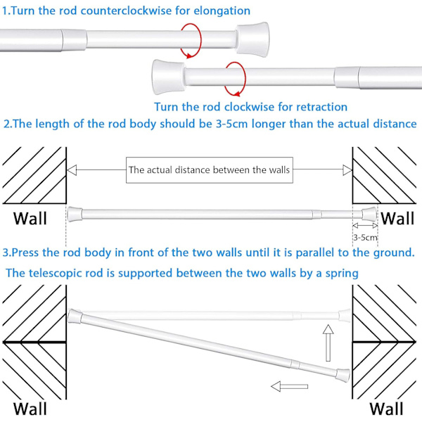 Justerbar Spännstång Utökbar Fjädergardinstång med Självhäftande Haken, Vit, Längd 15,7 till 27,5 Tum (4)