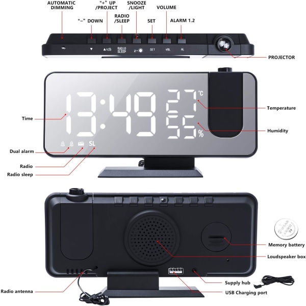 Projektioherätyskello FM-radiolla, LED-digitaalikello 180° projektionäytöllä USB latausporteilla (musta)