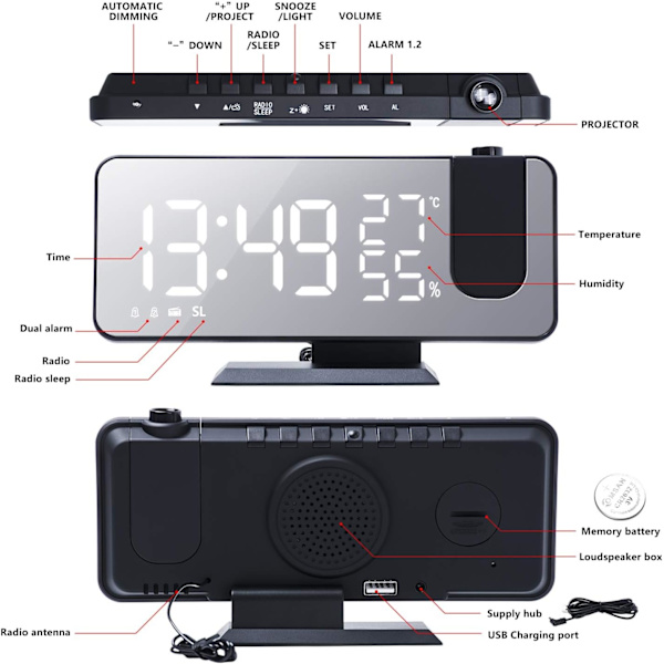 Projektionsväckarklocka med FM-radio, LED-digital klocka med 180° projektionsdisplay med USB-laddningsportar (Svart)