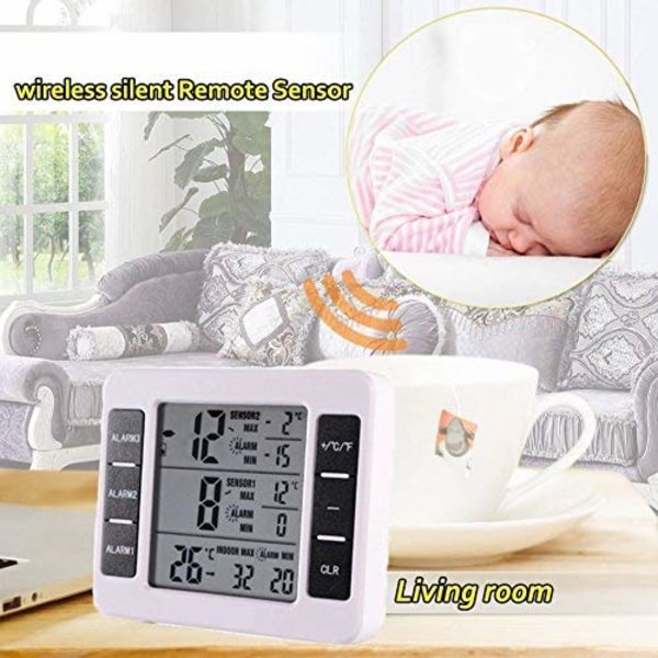 LCD Digital Kylskåpstermometer, Frys Termometer, Kylskåpstermometer med Sensorlarm Klocka och Min/Max-poster [Batteri Ingår Inte]