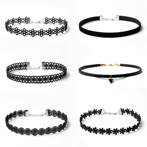 Halsbandssats Svart Sammet Halsband Klassisk Gotisk Tatuering Spets Halsband (6 stycken)