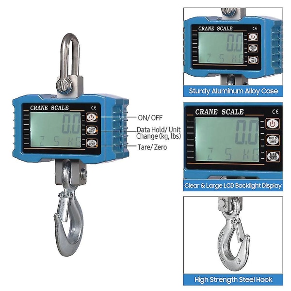 Digital Hängande Vågskala 1000kg/ 2204lbs Bärbar Tung Lyftkransskala Lcd-Bakgrundsbelysning Industriella Krokskalor Enhetsbyte/ Datahåll/ Tara/ Noll för Kons