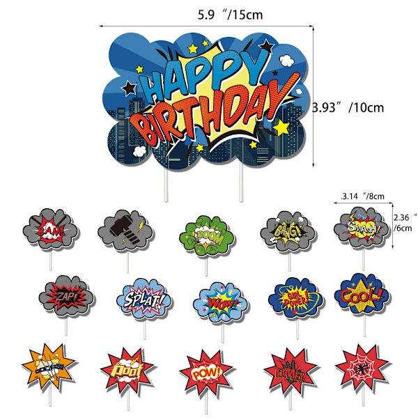 Superhero-teemainen juhlatarvikepaketti - Vetolippu, ilmapallo, kakkutikut, kortti, lasten syntymäpäiväjuhlatarvikkeet