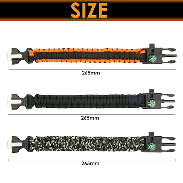 Armband (3-pack), Överlevnadsarmband, Camping Vandring, Multiverktyg, Eldstarter, Kompass och Visselpipa