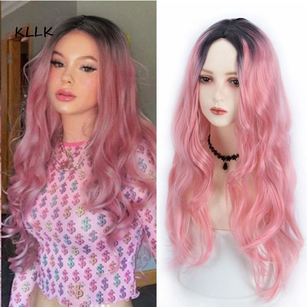 Lang krøllete rosa gradient parykk for kvinner