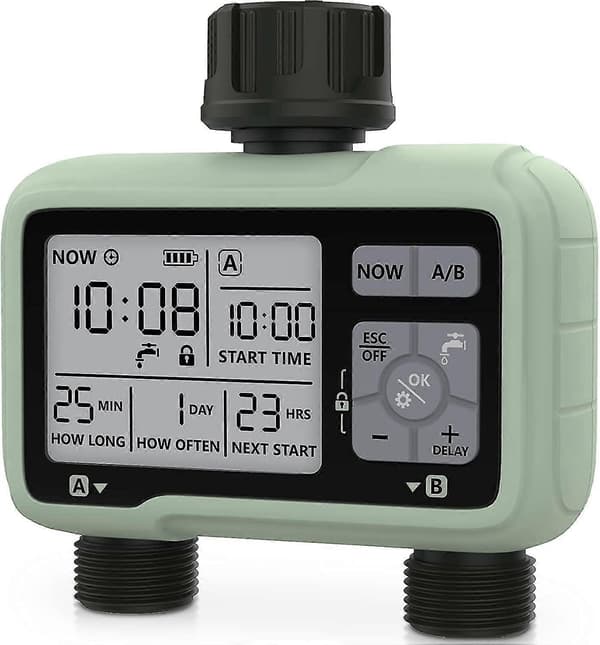 Vattentimer Bevattningssystem, 2 Utlopp Vattensprinkler Timer Gräsmatta & Trädgårdsbevattningsutrustning/Automatiskt Bevattningssystem/IPX5 Vattentät/Barnlås Mo